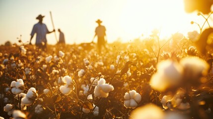 A traditional cotton field with workers using old-fashioned harvesting tools, late afternoon light