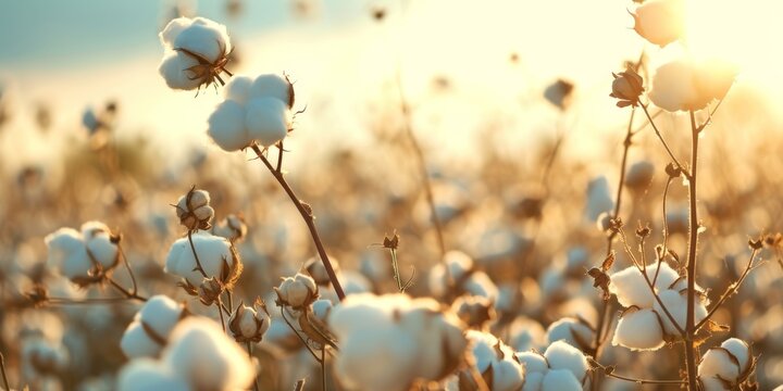 A cotton plant field, cotton balls, blue sky, sunlit, light blurred background