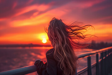girl standing on a boat, watching the sunset, with her hair blowing in the wind.
