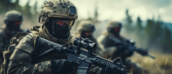 Naklejka premium A group of soldiers with weapons on a mission. Close-up of one of the soldiers from the group