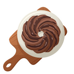 Chocolate biscuit cake with topping on the plate and cutting board.  Baking, bakery shop, cooking, sweet food, dessert, pastry. Vector illustration for poster, banner, cover, card, postcard, menu