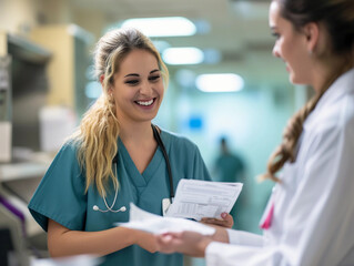 healthcare professional handing over a hefty medical bill to a patient, capturing the moment of financial strain, realistic facial expressions, a hospital setting in the background