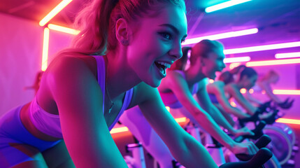 spin class in action, neon lights illuminating the room, cyclists in sync, captured in a moment of high energy and enthusiasm, focus on the expressions of exhilaration and effort - obrazy, fototapety, plakaty