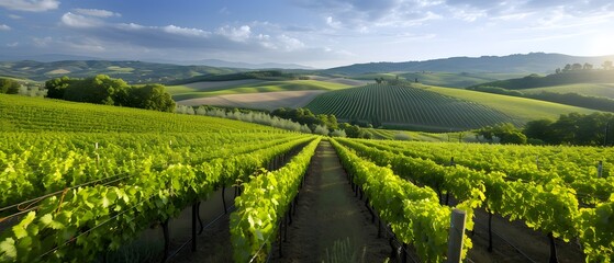 vineyard in region, panoramic view of a lush vineyard, with rows of grapevines stretching into the...