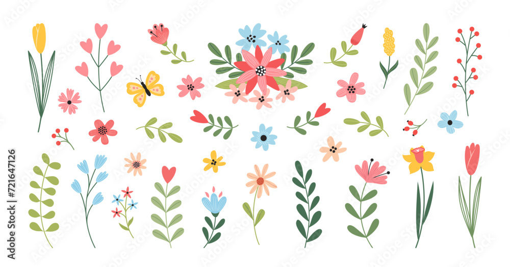 Wall mural Set of flowers and floral elements. Wedding concept with flowers. Floral poster, invite. Vector cartoon illustration for greeting card or invitation design.