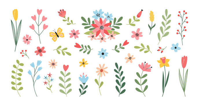 Fototapeta Set of flowers and floral elements. Wedding concept with flowers. Floral poster, invite. Vector cartoon illustration for greeting card or invitation design.