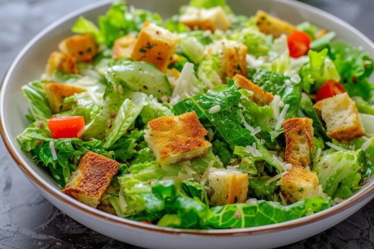Fresh Caesar Salad with Croutons in Ceramic Bowl