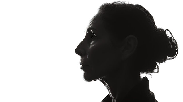 black and white side-profile portrait photography of a middle aged lady, high contrast