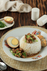 Nasi Bakmoy Ayam, Steamed Rice with Soy Sauce Stir Fried Chicken