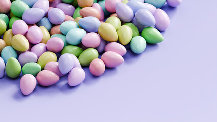 Colorful abstract Easter background with eggs, copy space, 3d render