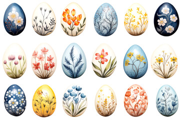 Watercolor style painted Easter eggs on white background, with different designs and patterns. Postcard