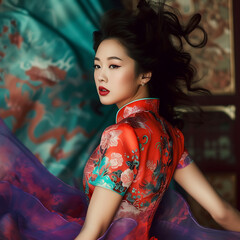 A beautiful Chinese woman in a brightly coloured red qipao, traditional dress