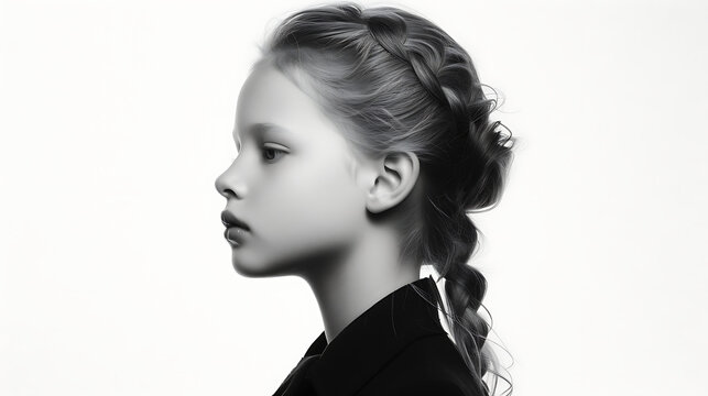 black and white side-profile portrait photography of a young girl, high contrast
