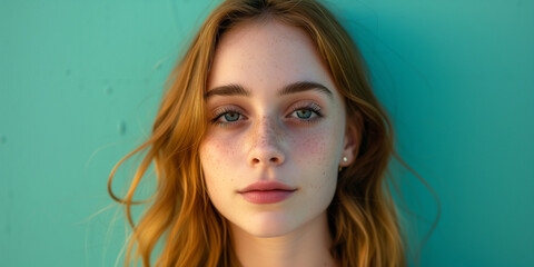 Young woman with freckles and green eyes against a turquoise background, her gaze captivating