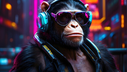  chimpanzee in a neon cyberpunk setting