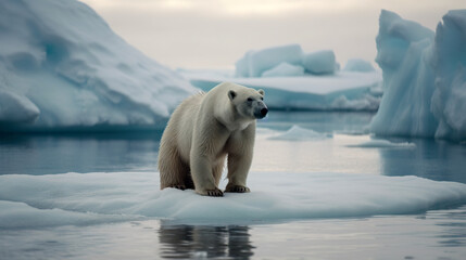 A solitary polar bear standing on a thinning ice floe amidst melting glaciers, highlighting climate change impact - Generative AI