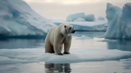 Foto op Plexiglas A solitary polar bear standing on a thinning ice floe amidst melting glaciers, highlighting climate change impact - Generative AI © chris3d