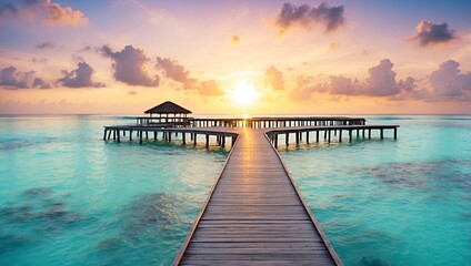Jetty in Maldives at sunrise. Tropical paradise island with wooden pier with bungalow