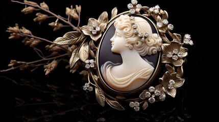 Scenes of a vintage cameo brooch, showcasing the classic and nostalgic appeal of this timeless accessory. - obrazy, fototapety, plakaty