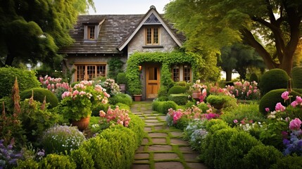 Fototapeta na wymiar Scenes of an English cottage garden with vibrant flowers, manicured hedges, and a charming rustic vibe