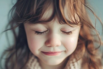 Naklejka premium portrait of a dreaming child with closed eyes, The simplicity of childhood is captured in the natural light that bathes the girl's face, illuminating her gentle, joyful expression..