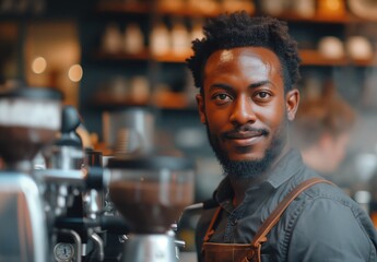 portrait of a black barista at a coffee shop behind the counter - obrazy, fototapety, plakaty