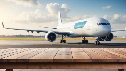 Fototapeta na wymiar Empty Wooden Table Background Blurred Plane and Runway, Wooden Table