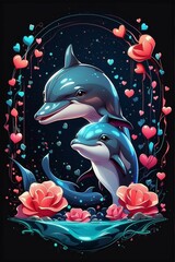 Logo vector Valentine's Day theme of Visualization of kawaii very cute a baby couple Dolphin loved, style illustration, water, black background for the tee-shirt