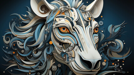Fototapeta na wymiar Abstract image of animal head with lion or horse mane in white and blue colors