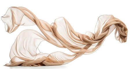 Obraz na płótnie Canvas Flying beige silk chiffon fabric on a white background. Lightweight silk fabric.