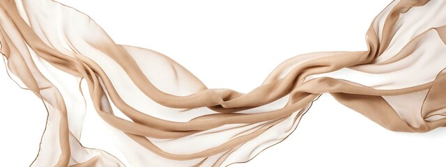 Flying beige silk chiffon fabric on a white background. Lightweight silk fabric.