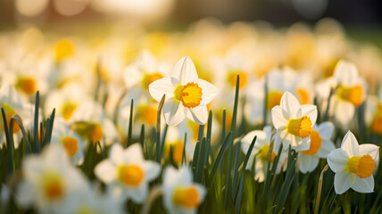 Daffodils in the meadow. Blooming narcissus flowers in spring. Selective focus and shallow depth of field. Bokeh background. - obrazy, fototapety, plakaty