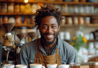smiling afroamerican barista with coffee shop background