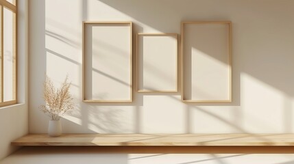 Fototapeta premium Minimalist Wooden Frame Mockups: Light and Shadow Play on Beige Sculpture with Modernist Grid Patterns - Natural Lighting Design