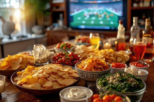 Game Day Gathering: A Vibrant Table Spread with Chips, Dips, and Drinks Sets the Scene for Football Fever Sunday at Home.