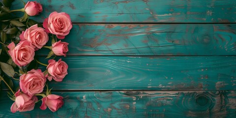 Fototapeta premium Delicate Pink Roses with Copy Space on Rustic Teal Wooden Background - Floral Stock Image