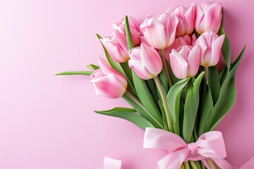 Pink Tulip Bouquet with Elegant Bow on Pastel Pink Backdrop - Contemporary White and Pink Floral Arrangement