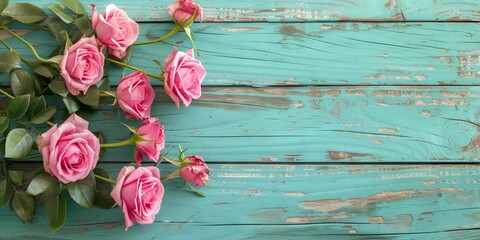 Elegant Pink Roses on Teal Rustic Wooden Background with Copy Space
