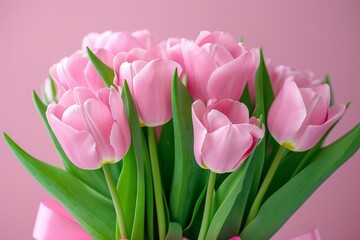 Chic Pink Tulip Bouquet with Elegant Bow on Pastel Background - Contemporary Floral Arrangement Wallpaper