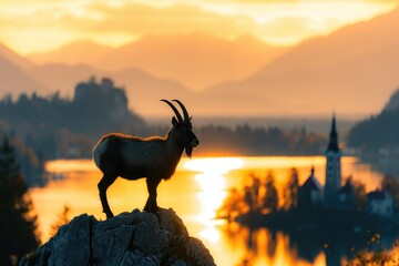 Slovenian Wildest Icon: Against the Picturesque Backdrop of Lake Bled in Slovenia, a Majestic Alpine Ibex Stands Gracefully, Its Silhouette Framed by the Beauty of Bled Island and the Julian Alps
