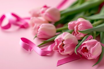 Chic Pink Tulip Bouquet with Elegant Ribbons and Gifts - Contemporary Pastel Still Life