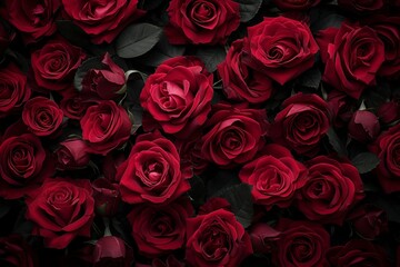 Vivid Red Roses Pattern: Textured Layers on Black Backdrop