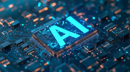 Obraz premium AI Concept Circuitry: Hyper-Detailed Planar Art with Luminous Indigo and Green Palette on Shaped Canvas