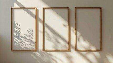 Triple Wooden Frame Mockup PSD - Bauhaus Minimalism in Sunlit Juxtaposition with Natural Shadows - High-Quality Beige Installation Photo by Lilia Alvarado