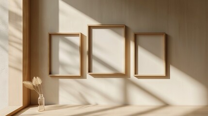 Minimalist Geometric Wooden Frame Trio Mockup - Light Beige Bauhaus-Inspired Wall Display with Light and Shadow Elements for Portrait Miniatures