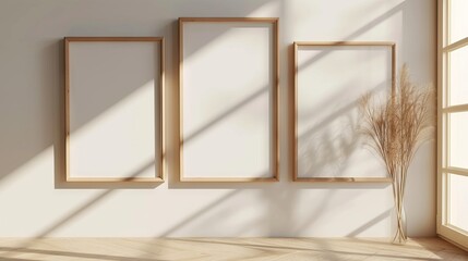 Minimalist Geometric Triple Wooden Frame Mockup on Beige Wall - Light and Shadow Play, Bauhaus-Inspired Portrait Miniatures Display