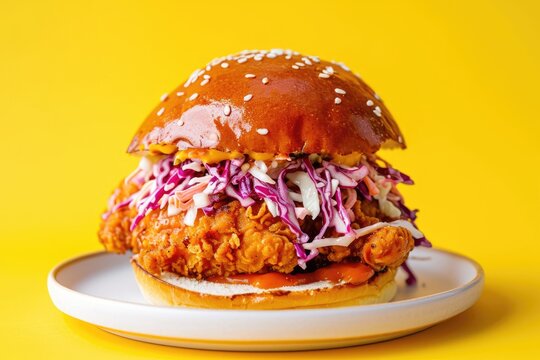 Colorful Delight: Juicy Chicken Burger Crispy with Purple Cabbage on a Sunny Yellow Background - A Mouthwatering Feast for the Senses.