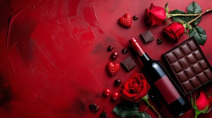 Romantic Red Still Life: Wine Indulgence, Chocolates, and Elegantly Packaged Box of Wine Surrounded by Roses