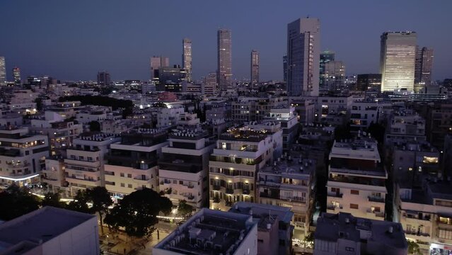 Aerial footage of central Tel Aviv at night, in the background Shalom Meir Tower and south Tel Aviv.