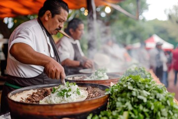 Naklejka premium San Miguel Culinary Fiesta: Immerse Yourself in the Festive Atmosphere as Talented Chefs Hand-press Masa Dough, Fill Tacos with Slow-cooked Carnitas, Onions, and Cilantro in San Miguel de Allende.
